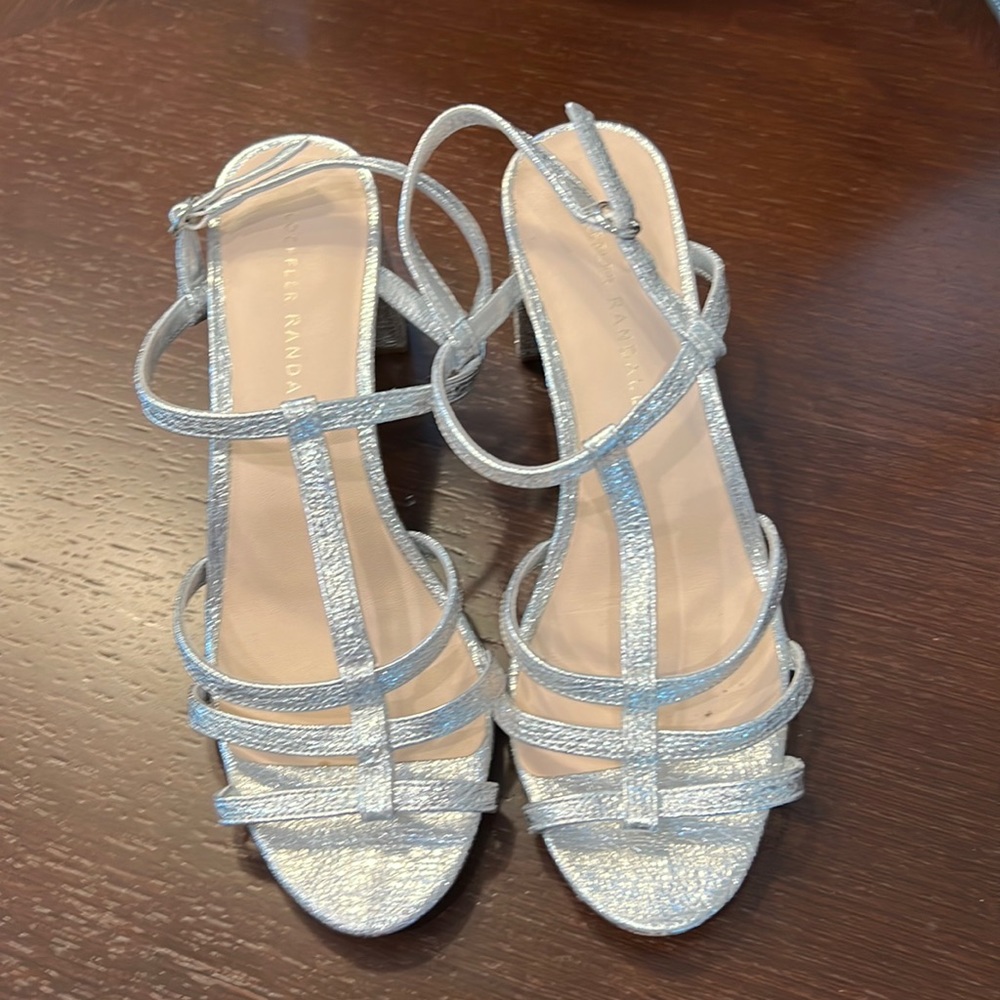 Silver leather strappy stacked heel sandal